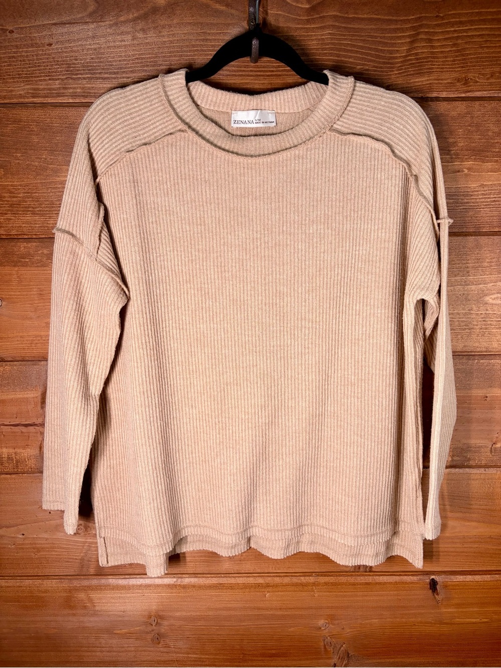 Zenana Light Beige Boxy Ribbed 3/4 Sleeve Crewneck Top Size Small Medium 🌸